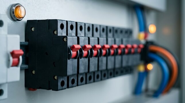 Electrical circuit breaker panel with multiple red switches and glowing orange indicator lights in a row, ready for power control.