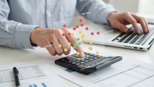 Business person using calculator with digital scatter plot data visualization