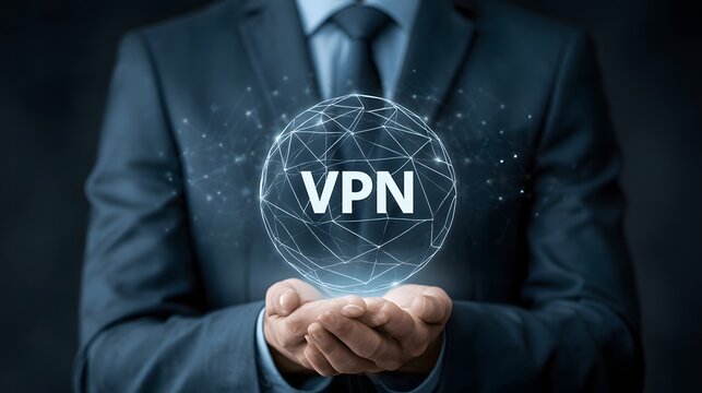 Businessman holding a glowing digital globe with a VPN acronym. Representing secure online connection and cyber protection for modern business infrastructure.