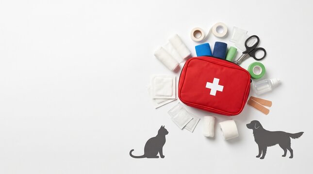 Pet first aid kit with medical supplies for dogs and cats on white background with bandages scissors and gauze for animal emergency veterinary health care and safety preparation