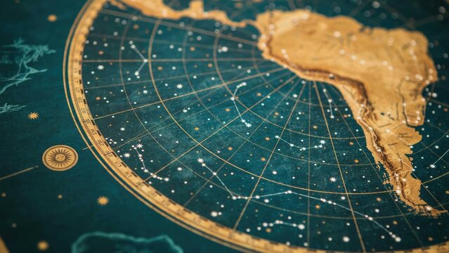 Close-up of vintage celestial map with south american continent outline