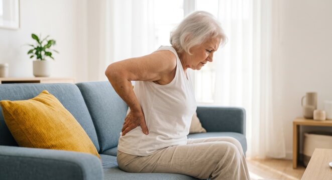 Elderly woman experiencing lower back pain while seated on a blue sofa in a bright living room aging ache arthritis
