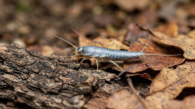 Macro view of a silverfish insect crawling on tree bark and dry autumn leaves on forest floor