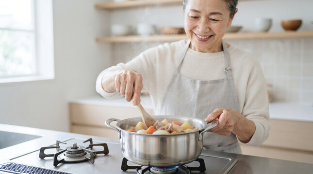 キッチンで笑顔で煮物料理を作るシニア女性