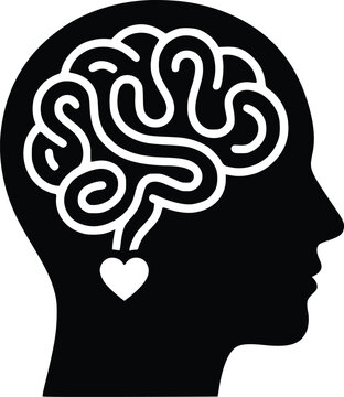 Brain heart vector illustration showing human head profile with connected internal organ icons for mental health and psychology concepts