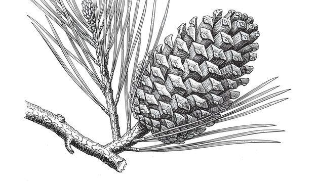 Vintage botanical engraving of a large pine cone on a branch with long green needles