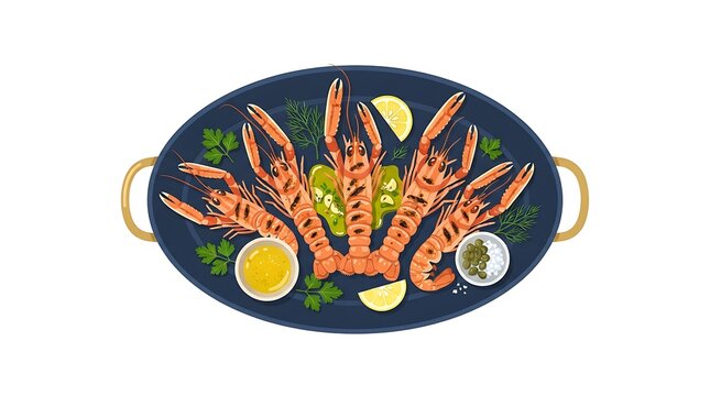 Seafood platter with lobsters, shrimp, and lemon slices on black plate