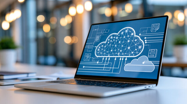Modern desk with laptop displaying cloud infrastructure, API connections, and automated data transfer between applications, cloud architecture, API integration, data pipeline,
