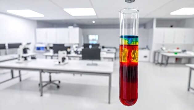 Multi-colored density layers in a lab test tube.