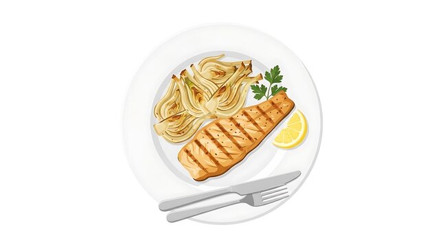 Grilled salmon with pasta and lemon on white plate