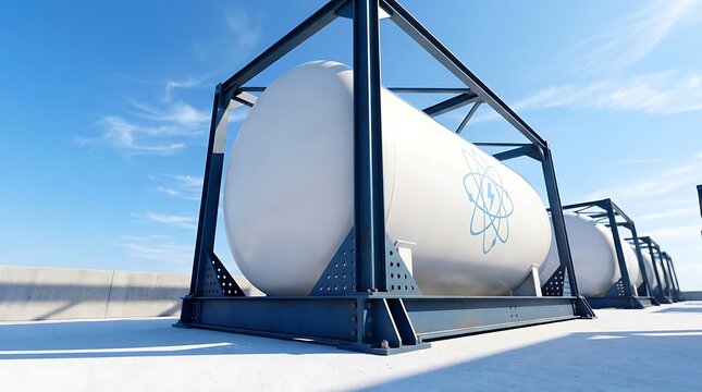 Large cylindrical tanks with atomic symbol on top of concrete foundation under blue sky with clouds.