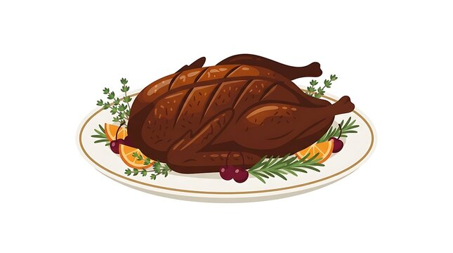 Cooked duck leg on a serving plate with herbs and fruits