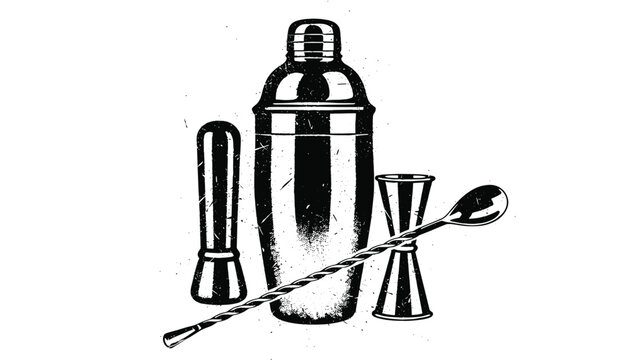 Ink sketch of professional bar tools including a shaker muddler jigger and spoon