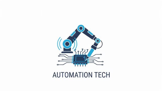 Robotic arm working on an electronic microchip, industrial automation technology concept, vector illustration isolated on white background, 4k animated stock video