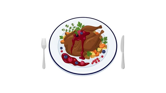 Roast duck served on a plate with berries and vegetables