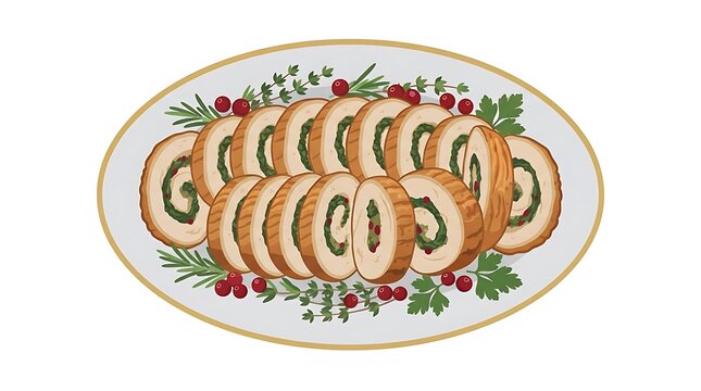 Cold cut roulade with herbs and vegetables on a platter