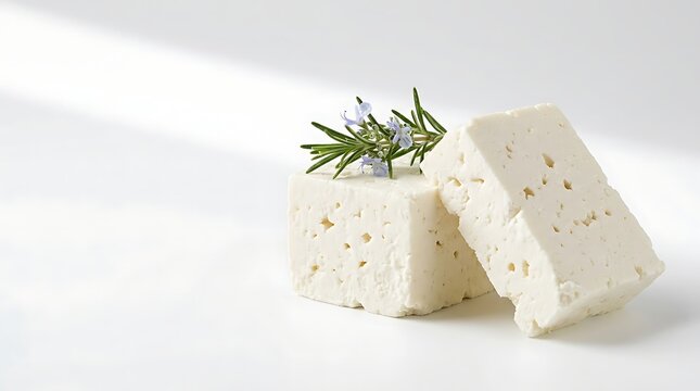 Greek feta cheese cubes garnished with fresh rosemary branch and delicate purple blossoms on clean white background for culinary packaging and healthy menu design.