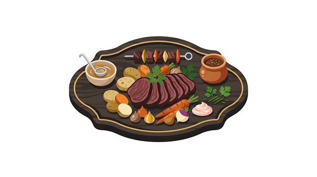 Steak with vegetables and sauces on a black plate