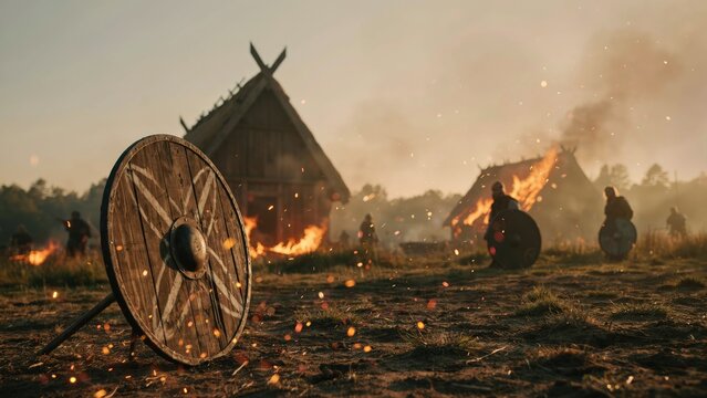 Viking shield in foreground with burning wooden longhouses and warriors in background