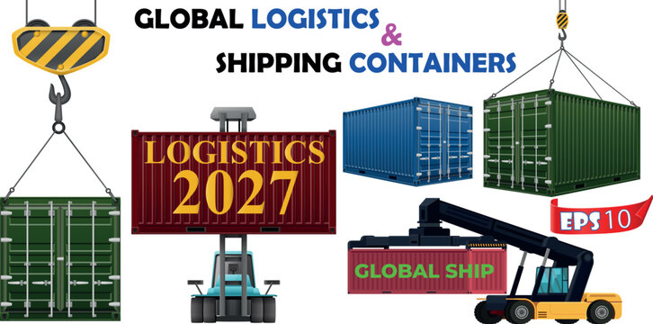 Cargo Containers and Seaport Vector Set, Crane Hook and Forklift Loader, Global Logistics Shipping Illustration Bundle with 20ft and 40ft Containers