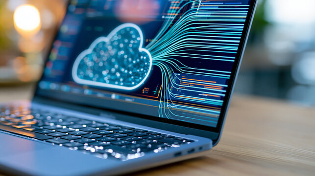Close-up of laptop screen displaying real-time cloud data synchronization between multiple digital services, cloud computing, data integration, SaaS workflow, enterprise