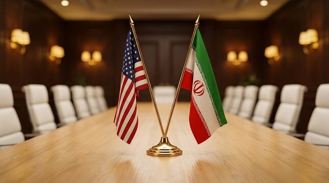 United States and Iran flags displayed on a wooden table in formal conference room, international diplomacy and negotiation symbolism.