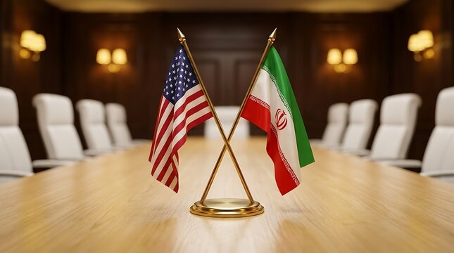 US and Iran flags on table in meeting room, diplomatic relations, international politics, negotiation concept, formal setting.