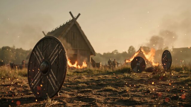 Viking shields standing in front of burning wooden longhouses at sunset