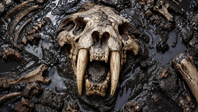 Prehistoric Smilodon Saber-Toothed Cat Skull and Fossilized Bones Preserved in Mud and Tar Pit Excavation
