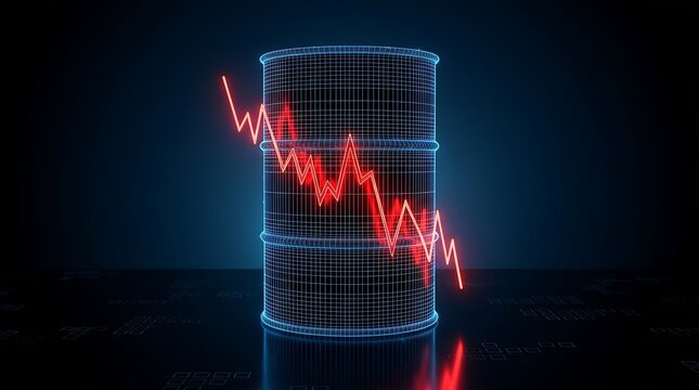 Wireframe oil barrel with sharp descending red graph showing steep decline in oil prices and financial downturn against digital data background.