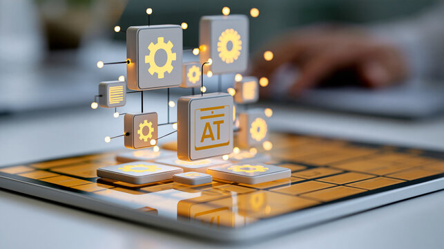 Close-up digital tablet showing modular low-code components connected into an automated business application, low-code platform, no-code technology, application development,