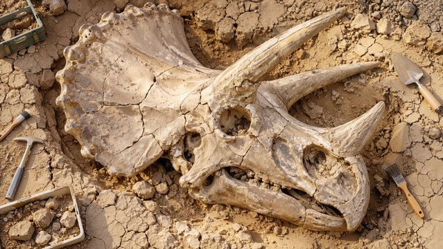 Fossilized Triceratops Skull Uncovered at Paleontological Dig Site with Excavation Tools and Brushes in Dry Earth