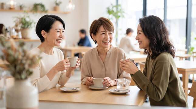 カフェでのお茶や会話を楽しむシニア女性たちの笑顔