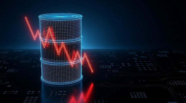 Wireframe oil barrel with jagged red graph indicating falling oil prices and economic slowdown on circuit board background symbolizing industry.