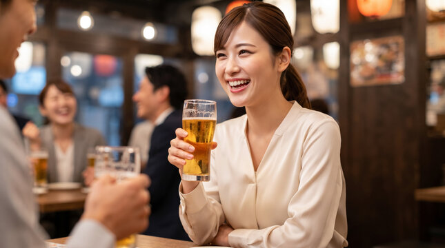 居酒屋でビールグラスを手にかんぱいして笑顔を見せるビジネスパーソンと女性