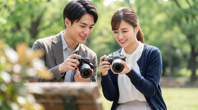 公園で一眼レフカメラを手に持ち笑顔で撮影を楽しむカップル
