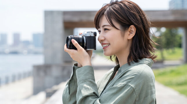 屋外で一眼レフカメラを構えて笑顔で撮影を楽しむ若い女性