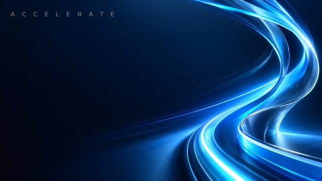 Fluidic Cyan Neon Ribbon Wave with Minimalist Wide Spaced Accelerate Typography