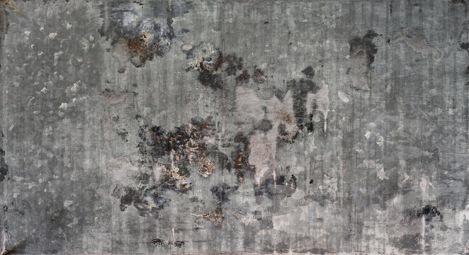heavily distressed grey galvanized metal texture with scratches, stains, and rust spots.