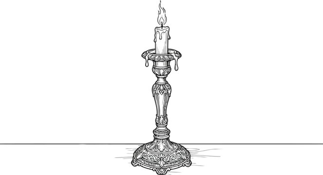 Single lit candle in an ornate vintage candlestick holder with dripping wax on a plain white background, for decorative purposes