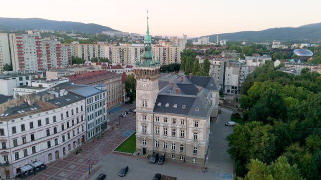 Bielsko-Biala, Poland. Aerial drone view of Bielsko-Biala historic Town Hall