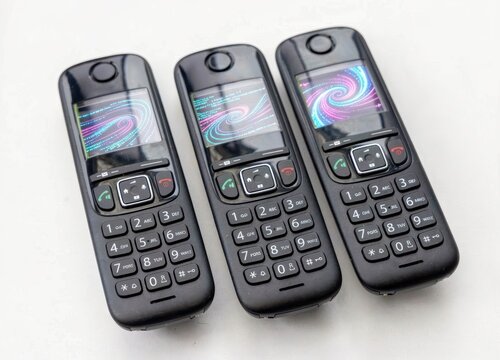 Three black vintage landline phones arranged on white surface