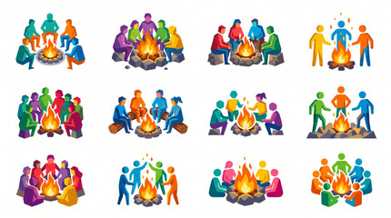 Fototapeta premium Set of colorful vector icons showing people sitting and standing around a campfire
