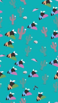 Desert landscape pattern with cacti and mountains