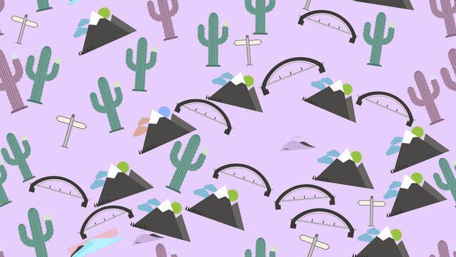 Desert Landscape Pattern with Cacti and Mountains