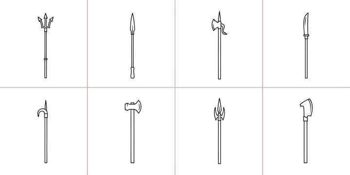 Medieval Polearm Weapons Collection on White Background Clean Line Icons