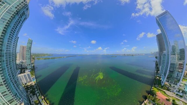 Aerial extreme fisheye footage Edgewater Miami Biscayne Bay 2026