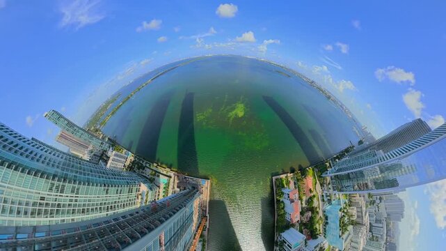 Aerial rocket pov edgewater miami waterfront skyscrapers on Biscayne Bay