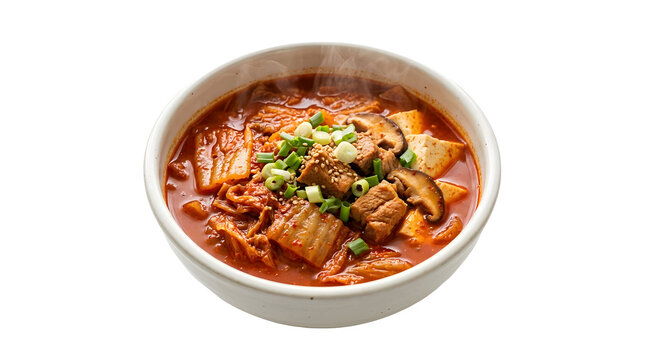 Hot spicy korean kimchi jjigae stew with tofu isolated on transparent background