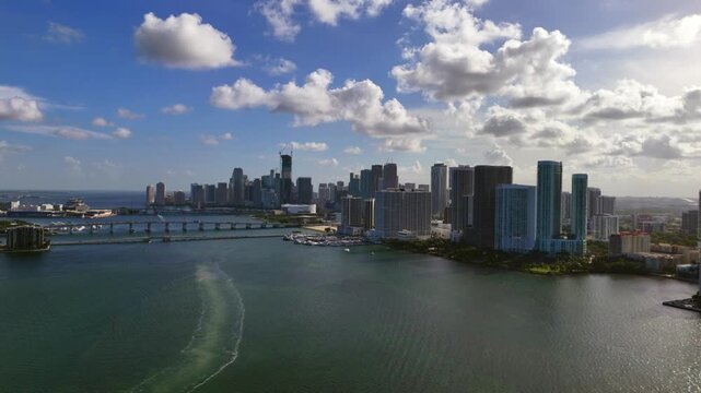 City of Miami aerial footage at sunset bay bridge views